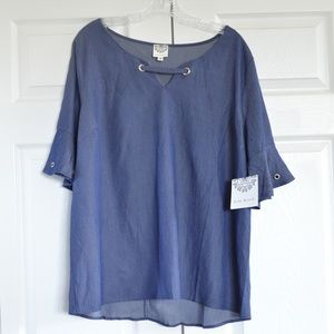 Plus Size Blue Denim Colored Tunic, Tulip Sleeves